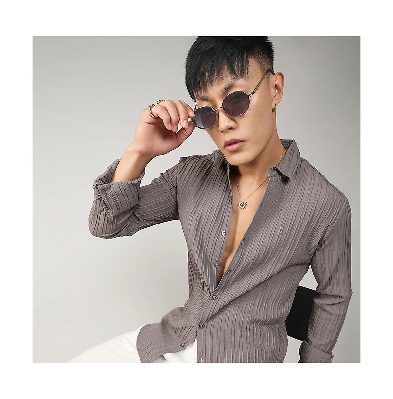 Men's Ash Grey Self-Design Striped Shirt