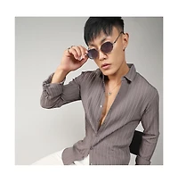 Men's Ash Grey Self-Design Striped Shirt