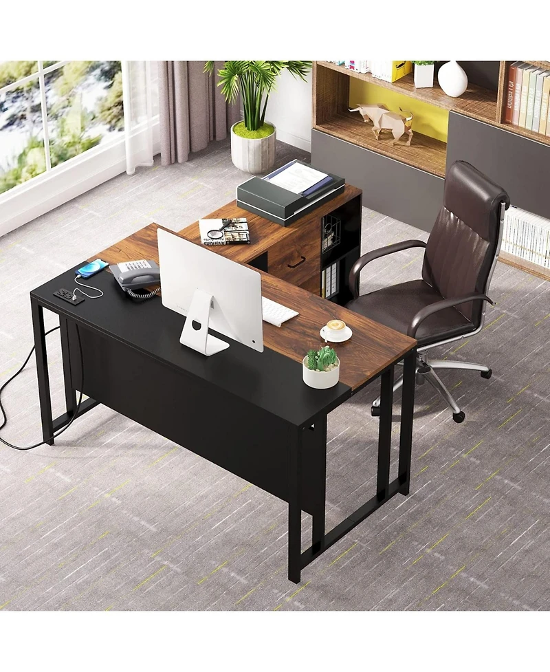 Tribesigns L-Shaped Computer Desk with Power Outlet and Drawer Cabinet, 55 inch Large Executive Office Desk with Lateral File Cabinet