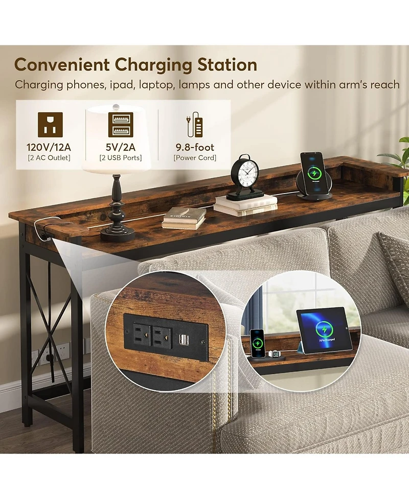 Tribesigns Sofa Table with Outlets and Usb Ports, 70.9 inch Extra Long Console Table Behind Couch with Charging Station, Industrial Narrow Entryway Ha