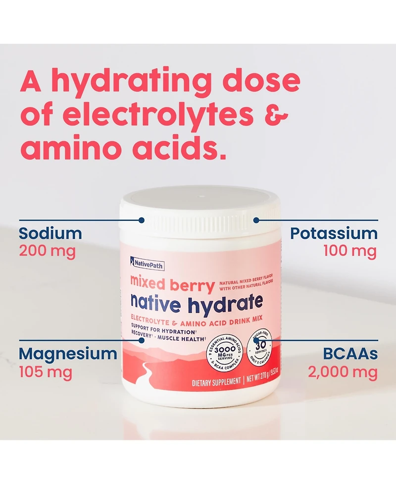 NativePath Native Hydrate, Zero Sugar, Electrolytes Powder with BCAAs, Mixed Berry Hydration, Keto & Paleo Friendly, 30 Servings