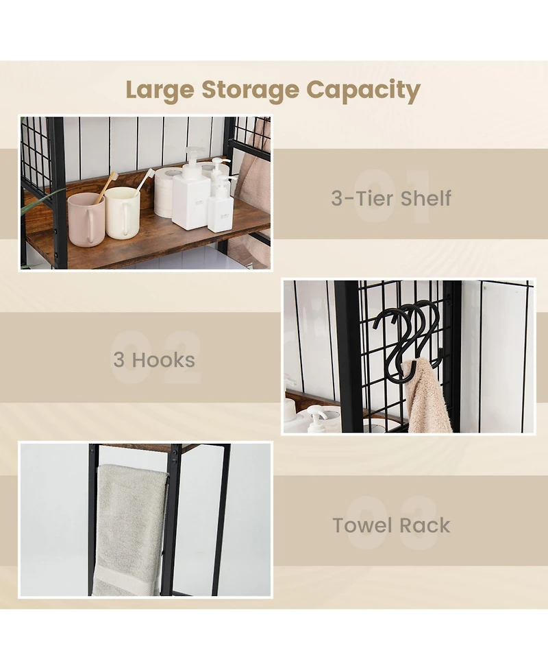 Sugift 3-Tier Over-the-Toilet Storage Rack with 3 Hooks-Rustic Brown