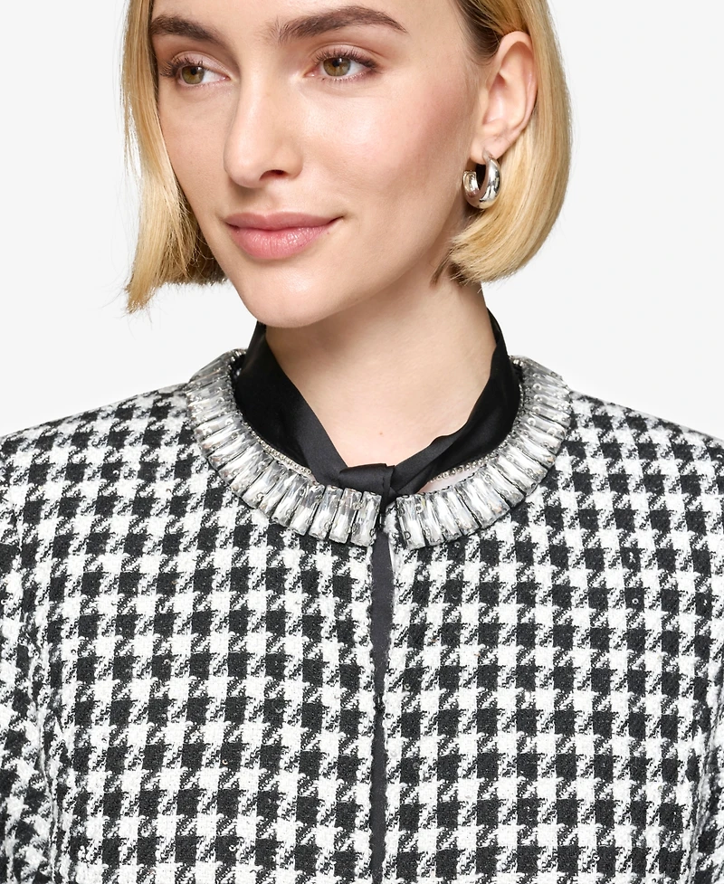 Karl Lagerfeld Paris Women's Convertible Rhinestone-Collar Houndstooth Jacket