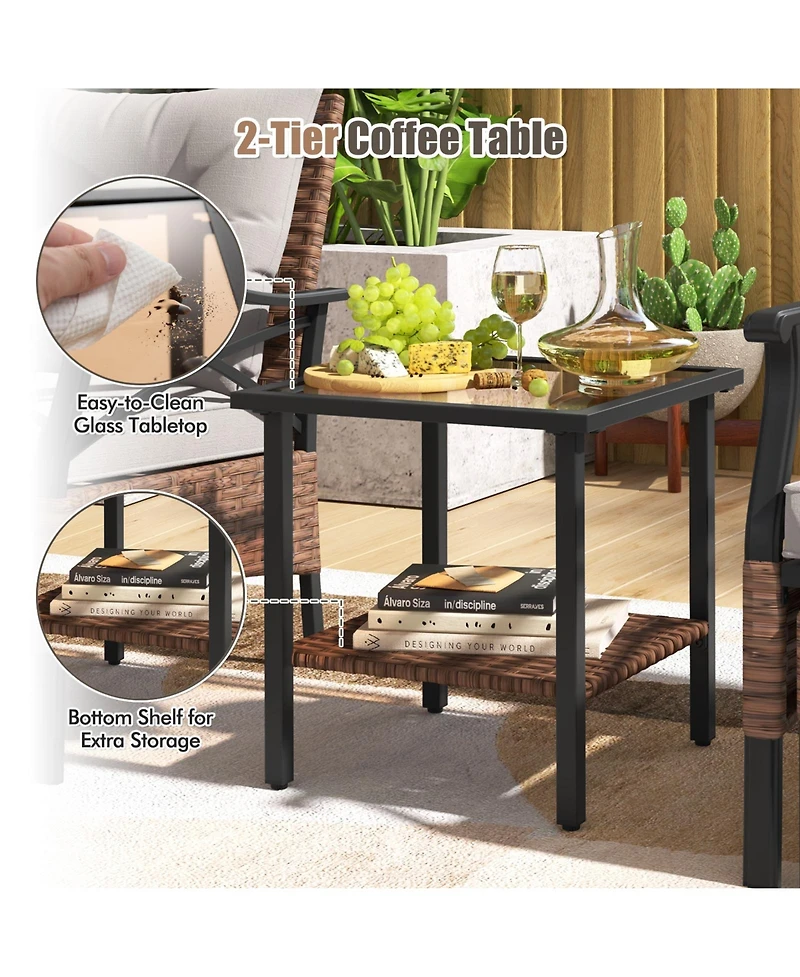 5 Pieces Wicker Patio Furniture Set Ottomans and Cushions and 2-Tier Tempered Glass Side Table-Brown