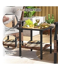 5 Pieces Wicker Patio Furniture Set Ottomans and Cushions and 2-Tier Tempered Glass Side Table-Brown