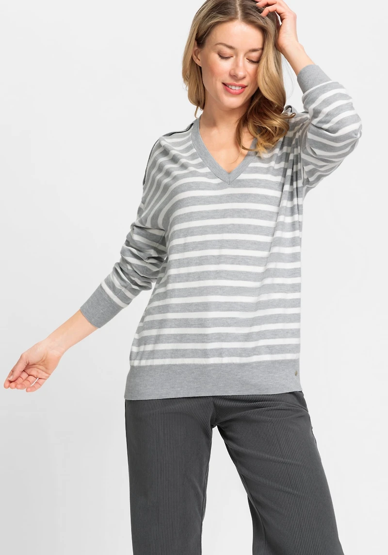 Olsen Women's Long Sleeve Striped V-Neck Pullover