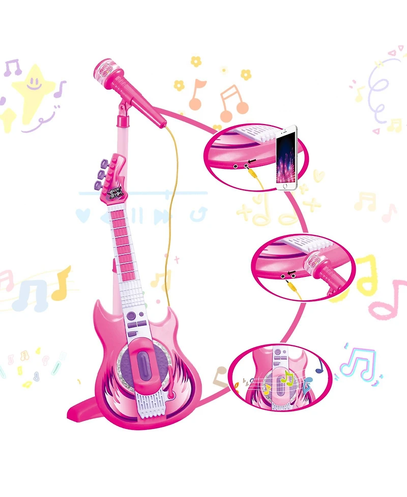 Contixo Pink Kids Guitar and Microphone Set - Adjustable Stand, Musical Toy