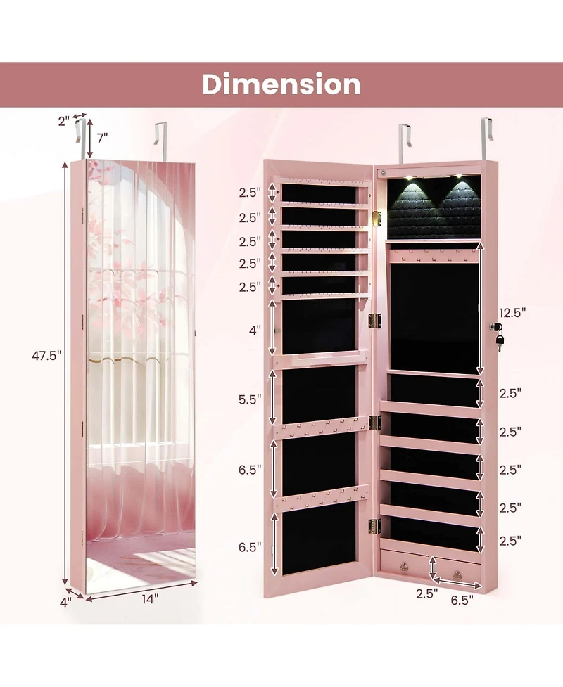 Mirrored Wall & Door Mounted Jewelry Cabinet Storage Organizer with Lights&Drawer