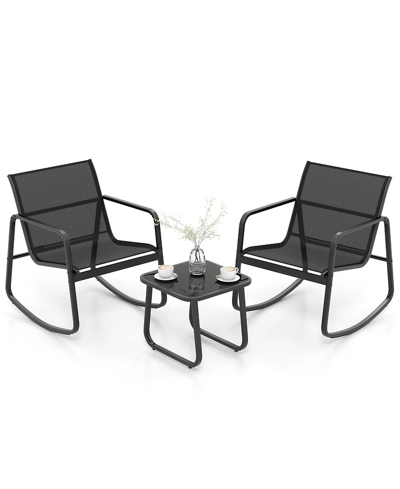 2 Rocking Bistro Chairs and Glass-Top Table for Porch Yard Balcony-Black