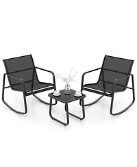 2 Rocking Bistro Chairs and Glass-Top Table for Porch Yard Balcony-Black