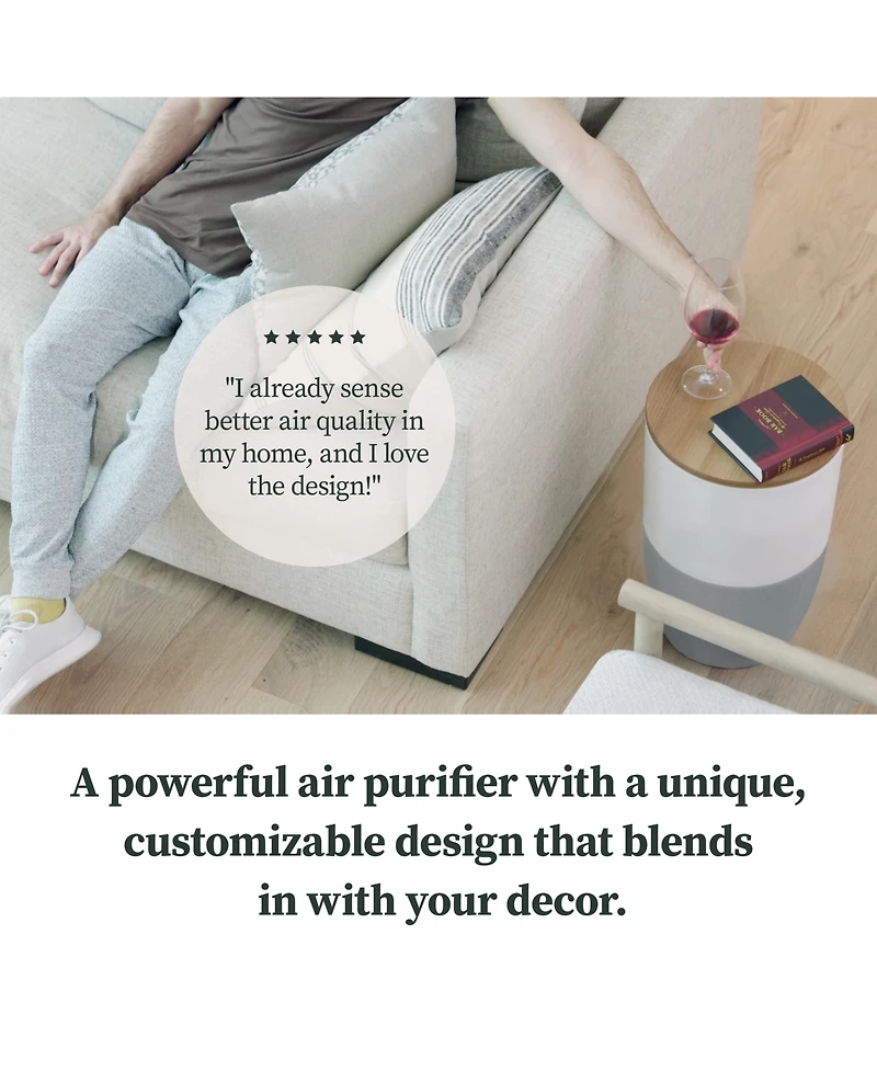 Bloom Air Purifier, Smart Hepa-13 Medical-Grade Filtration, Large Rooms (1,517 Sq. Ft.) with Walnut Accent Table