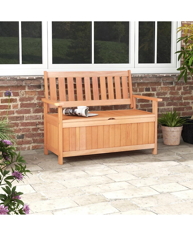 Sugift 48 Inch Patio Wood Storage Bench with Slatted Backrest