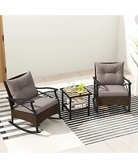 3 Pieces Outdoor Rattan Rocking Chairs Set with 2-Tier Side Table