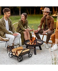 Sugift Firewood Rack Decorative Rustproof Steel Fireplace Log Holder with Wheels