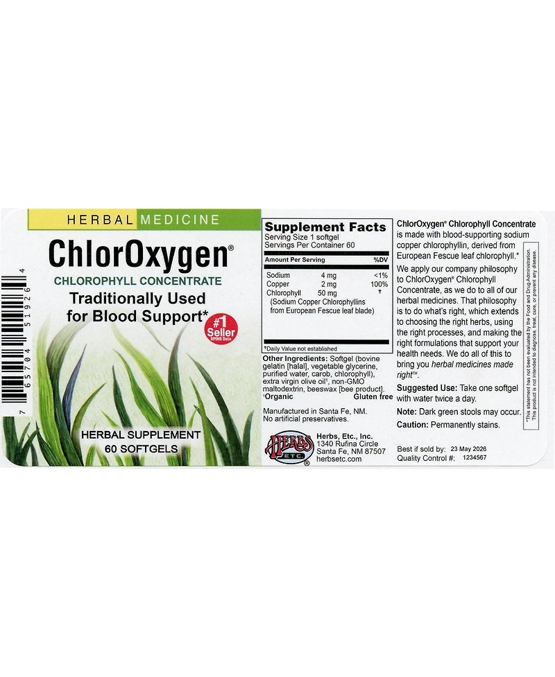 Chloroxygen Chlorophyll Concentrate: 60-Count Bottle of Softgels
