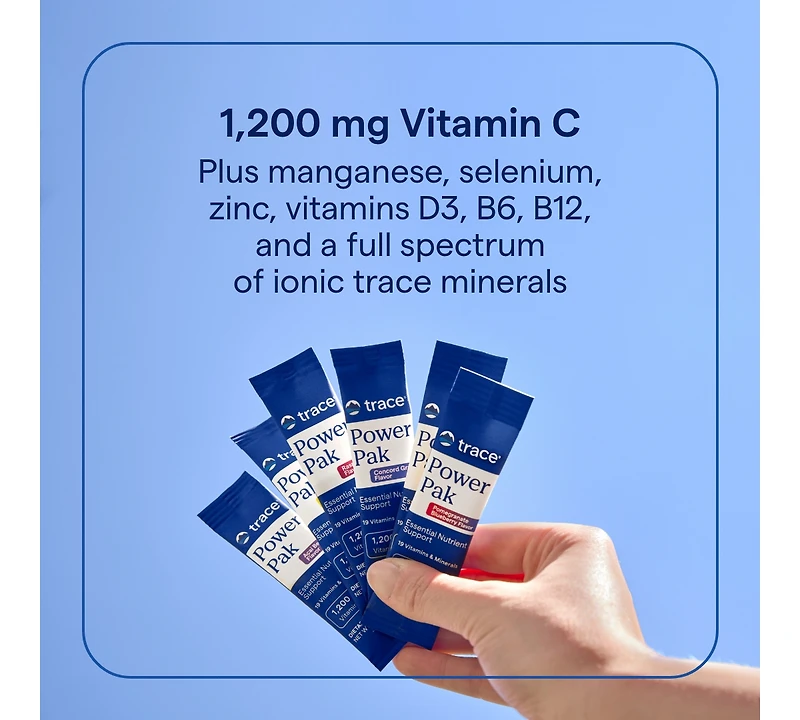 Trace Minerals Power Pak | Electrolyte + 1200mg Vitamin C, Zinc, Magnesium | Supports Immunity, Hydration & Energy | Lemon Lime, Orange Blast, Acai Be