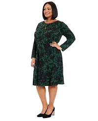 London Times Plus Size Printed Keyhole Long-Sleeve Dress