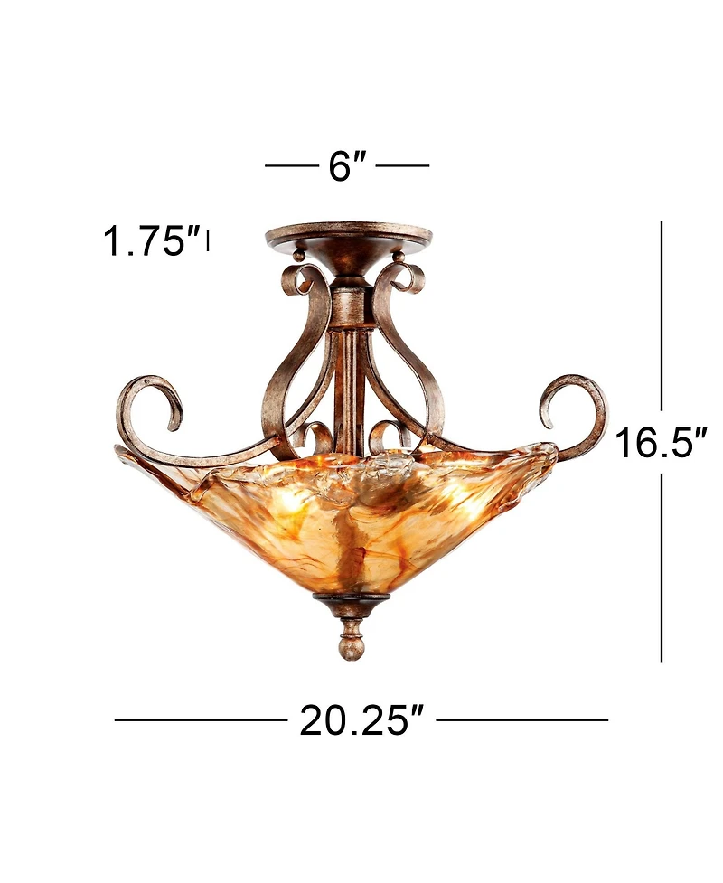 Franklin Iron Works Amber Scroll Rustic Ceiling Light Semi Flush Mount Fixture Golden Bronze 20 1/4" Wide Art Glass for Bedroom Kitchen Living Room Ha