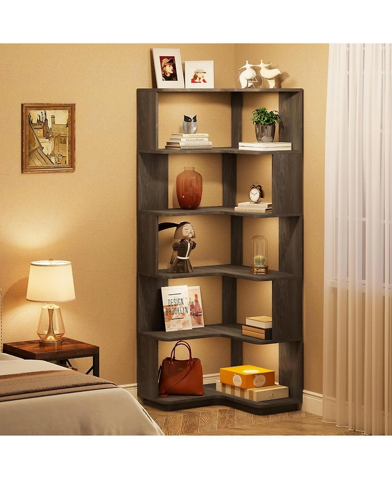 Tribesigns 6-Tier Corner Bookshelf, 64.9 Inch Tall Bookcase with Anti-Drop Panel, Industrial Freestanding Shelf Display Rack Storage Organizer