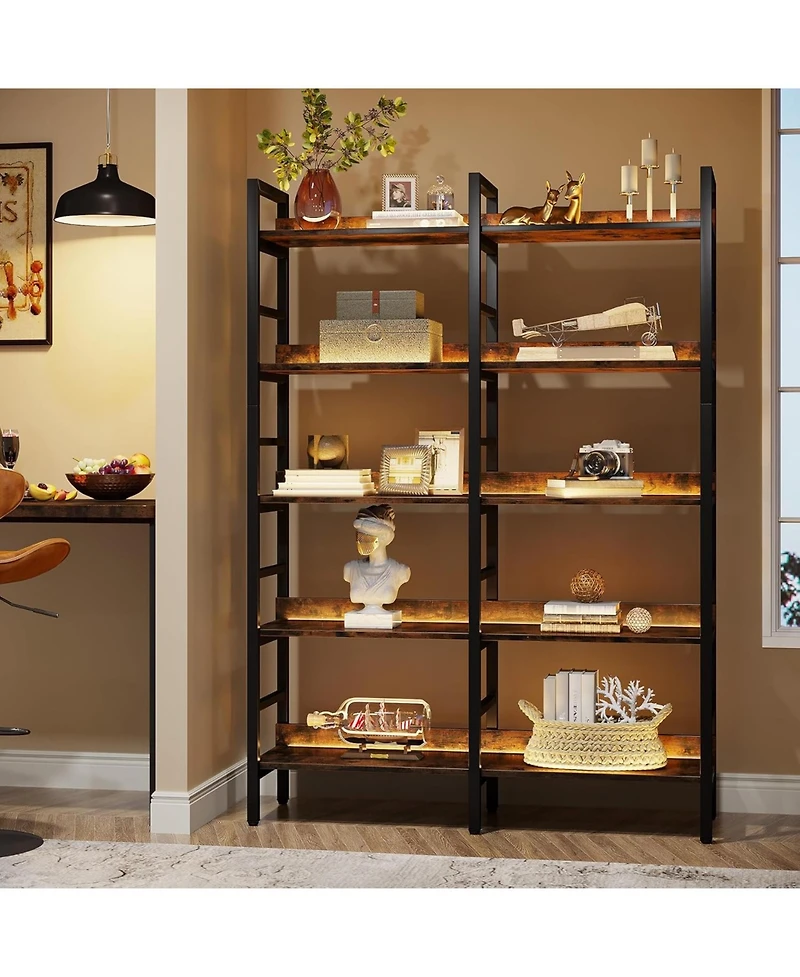 Tribesigns 5-Tier Industrial Bookshelf, 71”H x 47”W Etagere Bookcase, Freestanding Double Wide Book Shelf for Storage and Display, Wood