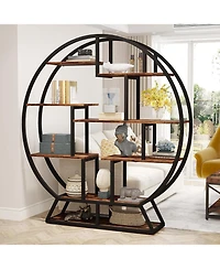 Tribesigns Bookshelf, Round Bookshelves Etagere Bookcase, 63 Inch Industrial Wood Book Shelf with Staggered Shelves, Rustic Open Shelving Organizer Ra