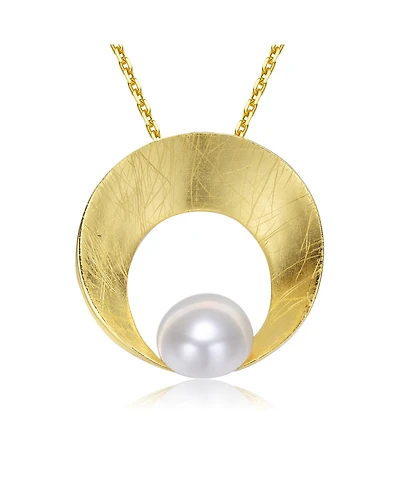 Sterling Silver Gold Plated with Genuine Freshwater Pearl Round Pendant Necklace