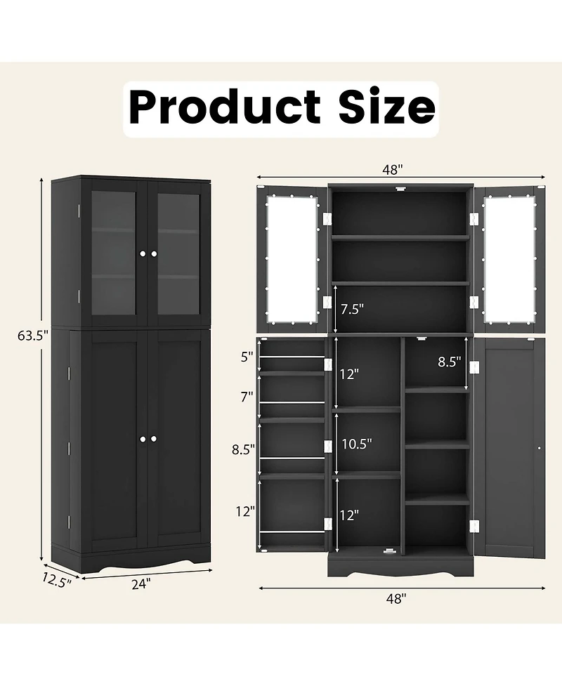 63.5" Tall Kitchen Pantry Storage Cabinet with Glass Door Shelves