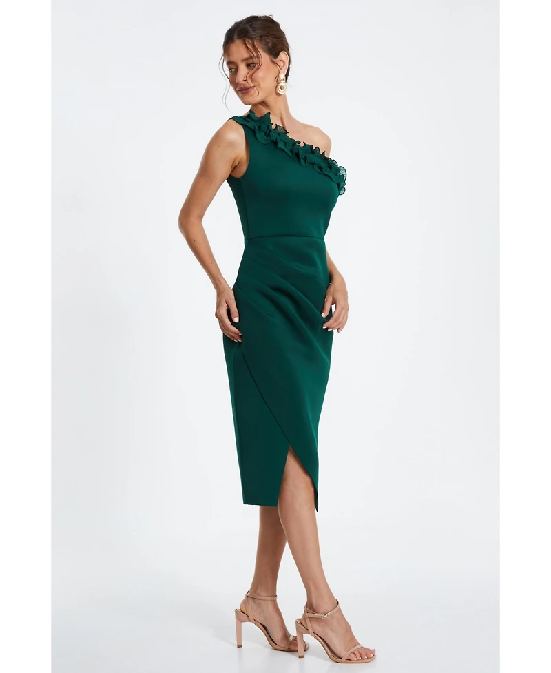 Quiz Women's Scuba One-Shoulder Trim Ruched Midi Dress