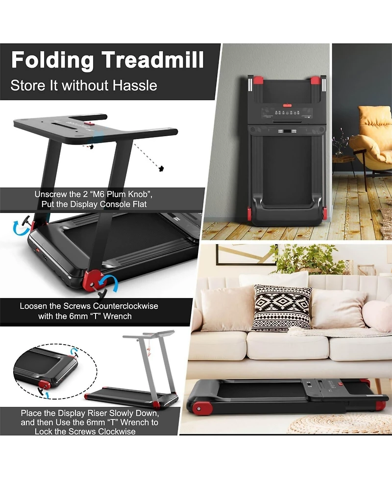 Vebreda Folding Electric Compact Walking Treadmill with App Control Speaker-Red