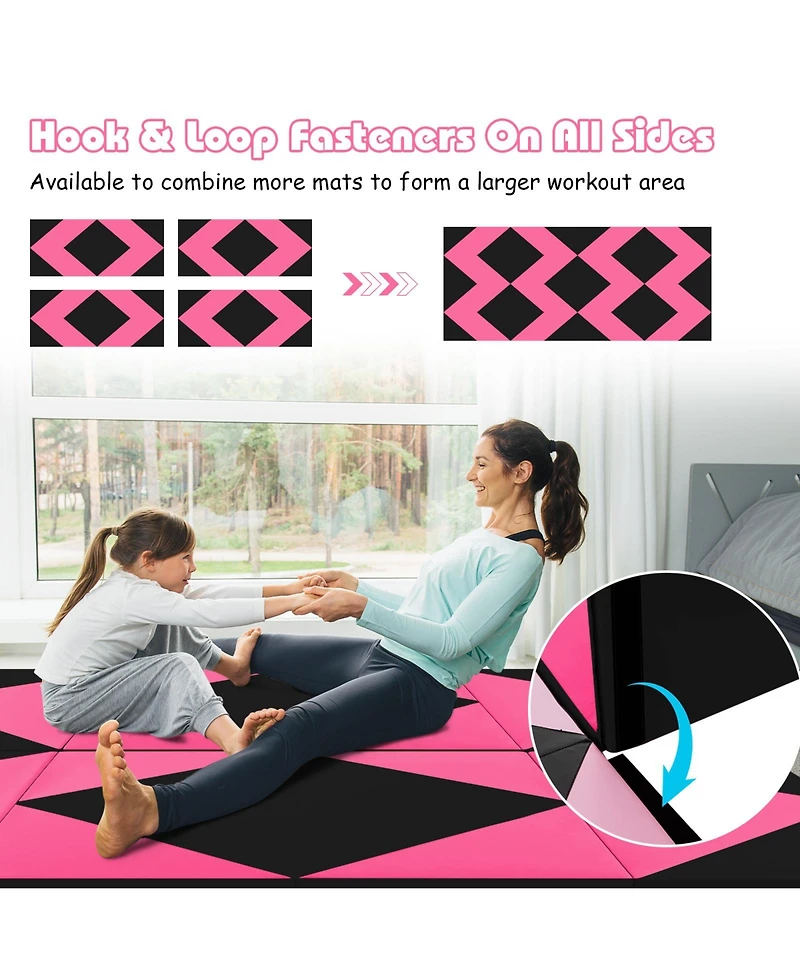 8 Feet Pu Leather Folding Gymnastics Mat with Hook and Loop Fasteners-Heart Pink