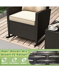 3 Pcs Patio Wicker Rocking Set with Tempered Glass Table & Soft Cushions Outdoor