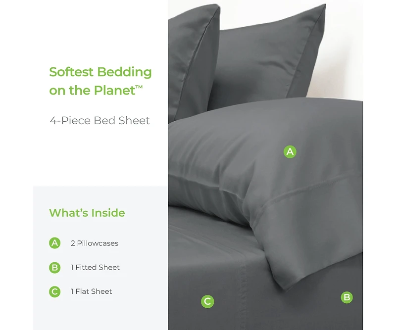 Cariloha Retreat 4-Piece Sateen Sheet Set | Laguna Blue | Split King | Lyocell Material | Breathable, Corner Straps, Extra soft & Cooling