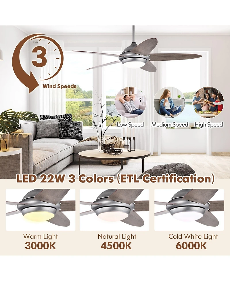 52 Inch Ceiling Fan with Lights and 3 Lighting Colors-Silver Gray