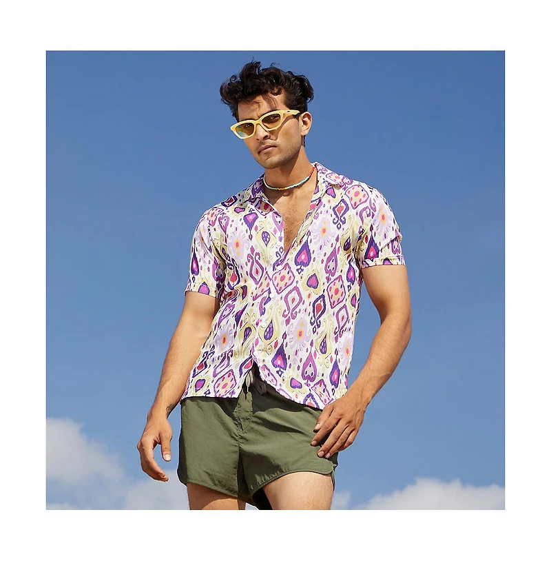 Campus Sutra Men's Lavender & Pear Yellow Ethnic Shirt