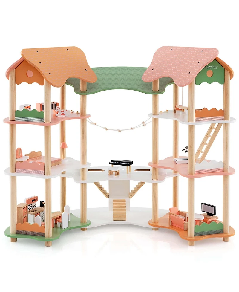 Kids Wooden Dollhouse Aged 3-8 Years Old with 32PCS Realistic Furniture Accessories