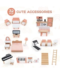 Kids Wooden Dollhouse Aged 3-8 Years Old with 32PCS Realistic Furniture Accessories