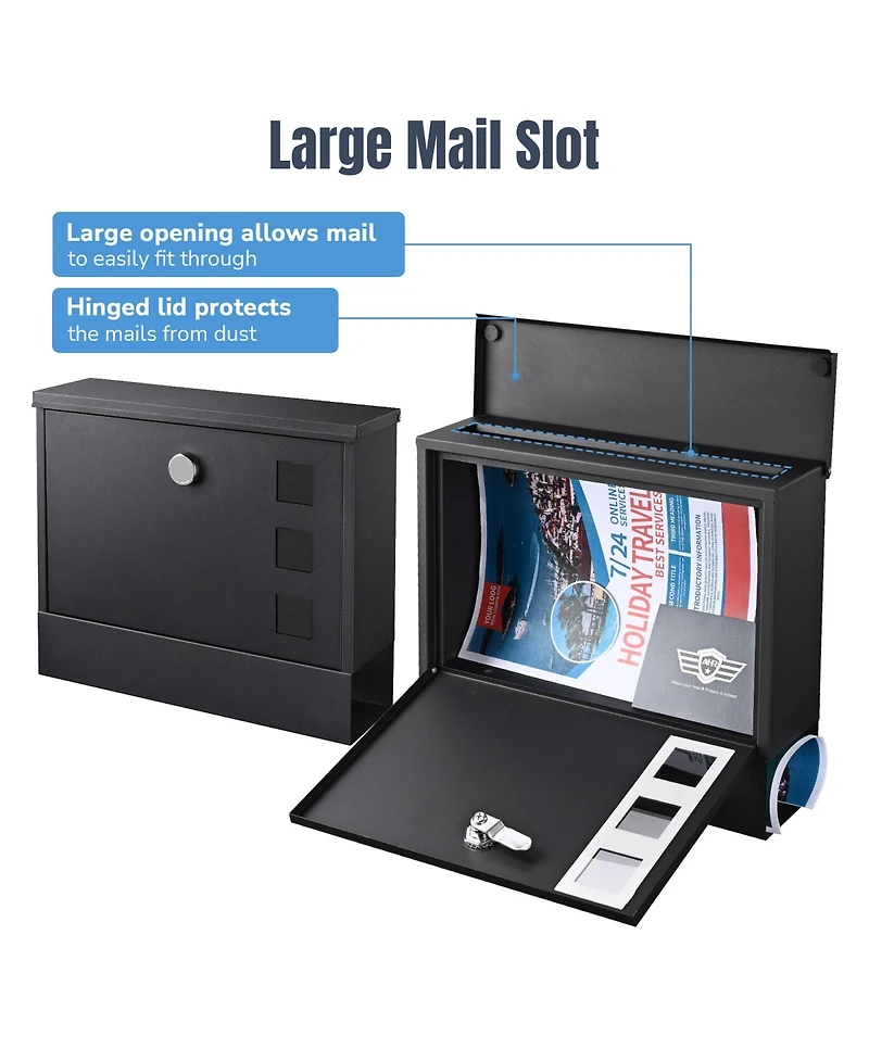 Large Wall Mount Steel Mail Box Lockable Letterbox w/ Door & 2 Keys Home Security Outdoor