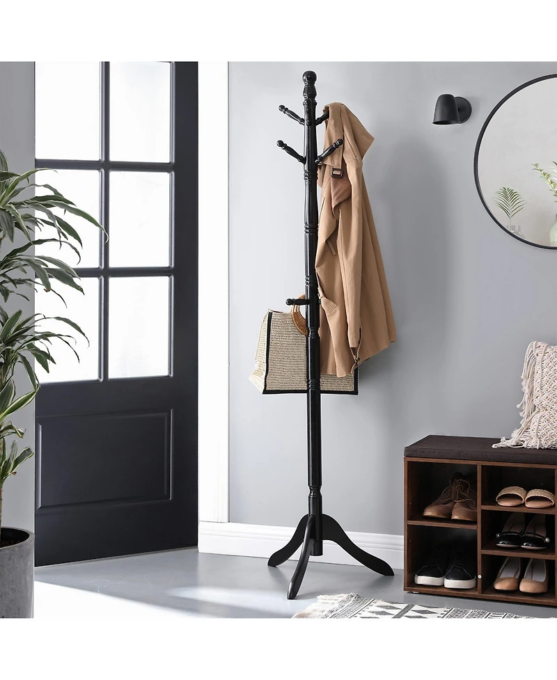 Slickblue Coat Rack With 10 Hooks, Rubber Wood Tree Free Standing, For Clothes, Hats, Handbags, Umbrella