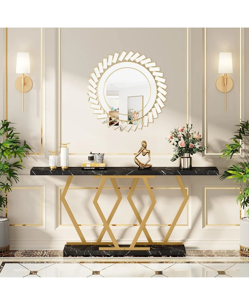 Tribesigns 70.9 Inch Extra Long Sofa Table， White and Gold Console Table with Faux Marble Tabletop, Modern Long Entryway Table with Gold Frame