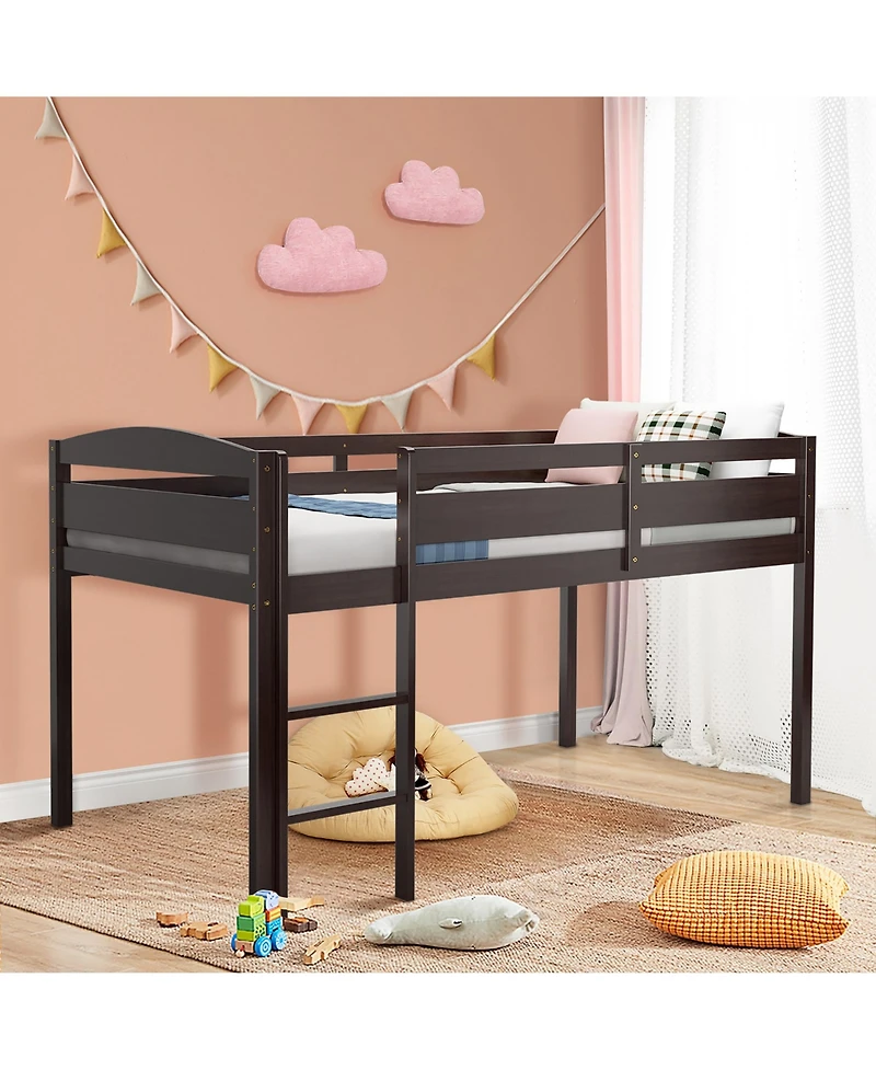 Gymax Twin Loft Bed Wooden Slats Support Frame w/ Ladder & Guardrails Espresso