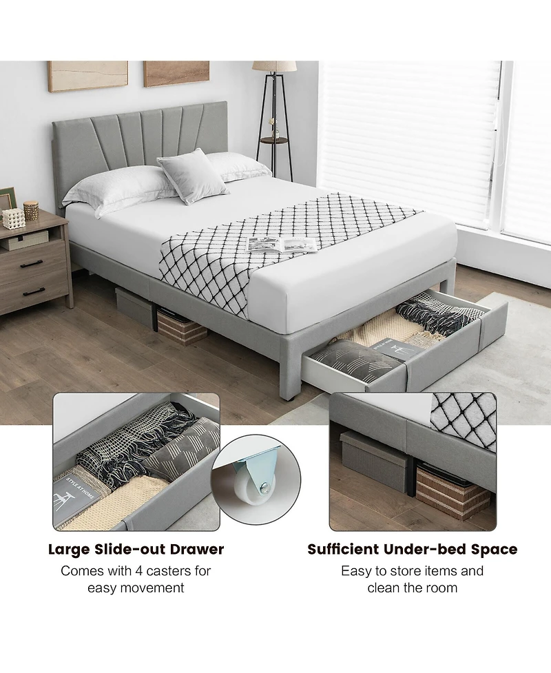 Gymax Queen Upholstered Bed Frame Platform with Drawer & Adjustable Headboard Grey