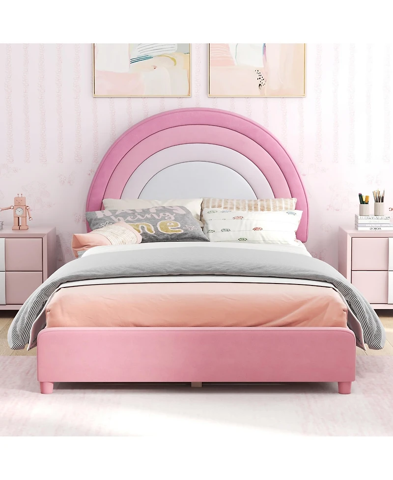 Gymax Kids Twin Platform Bed Frame Upholstered w/ Wooden Slats Support Blue