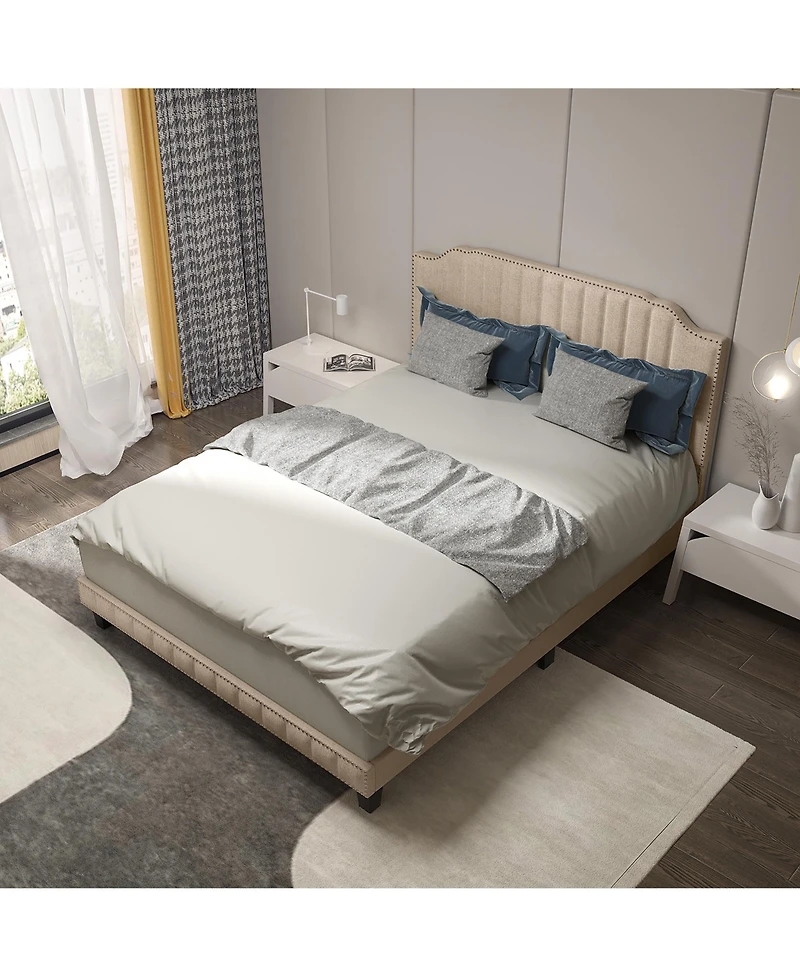 Gymax Queen Upholstered Bed Frame with linen fabric vertical lines Rivets headboard