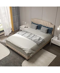 Gymax Queen Upholstered Bed Frame with linen fabric vertical lines Rivets headboard