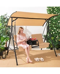 2-Person Canopy Porch Swing Padded Chair Cooler Bag Rotatable Tray Black