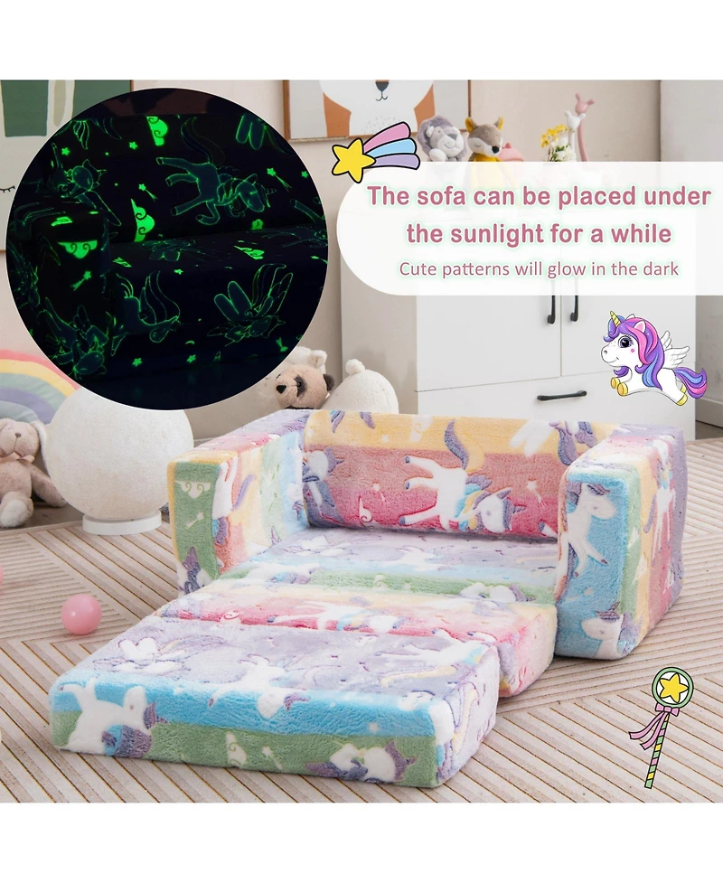 2-in-1 Flip Out Kids Sofa Chair with Detachable Flannel Fabric Cover and Glowing Patterns