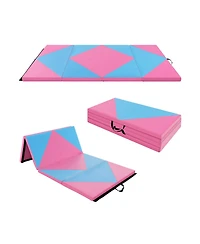 8 Feet Pu Leather Folding Gymnastics Mat with Hook and Loop Fasteners-Pink & Blue