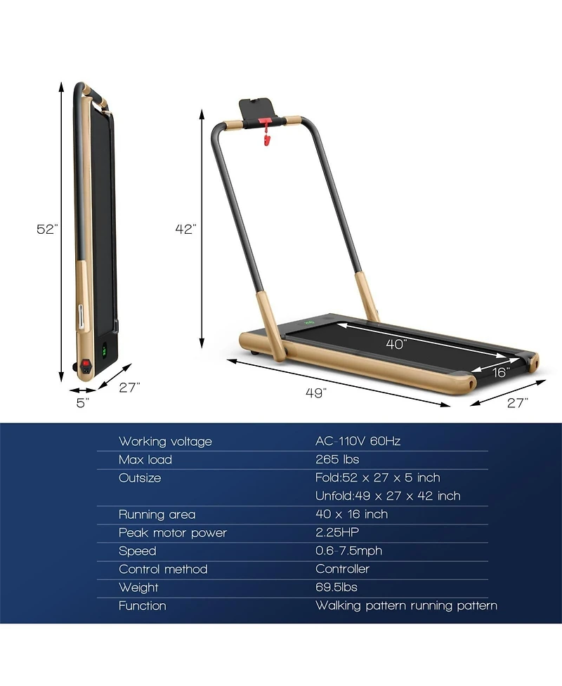 Vebreda 2-in-1 Folding Treadmill with Remote Control and Led Display-Golden