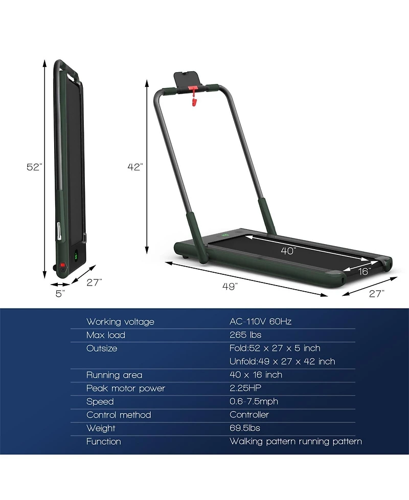 Vebreda 2-in-1 Folding Treadmill with Remote Control and Led Display-Green