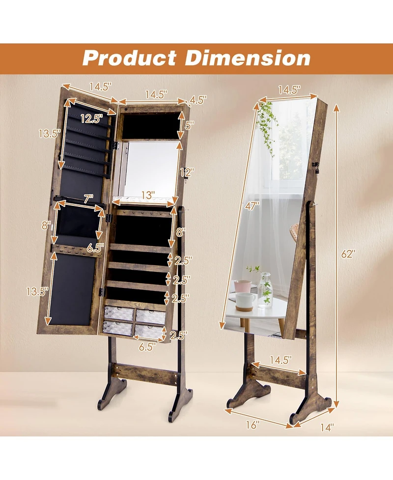 Costway Jewelry Cabinet Armoire Full Length Frameless Mirror Lockable with Lights